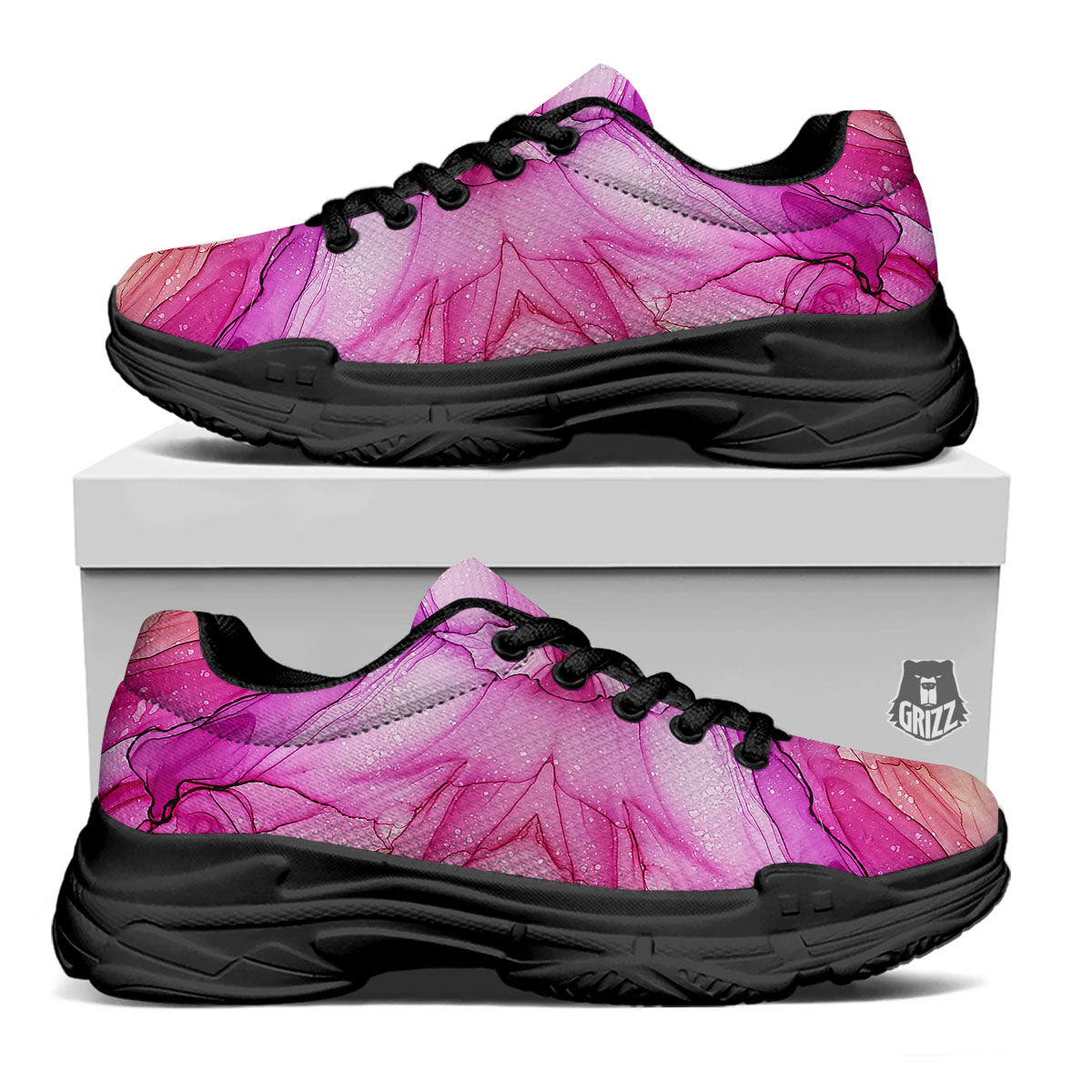 Pink Kaleidoscope Print Black Chunky Shoes-grizzshop