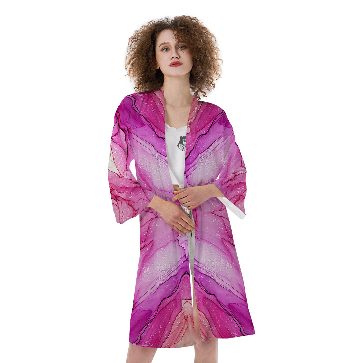 Pink Kaleidoscope Print Kimono-grizzshop
