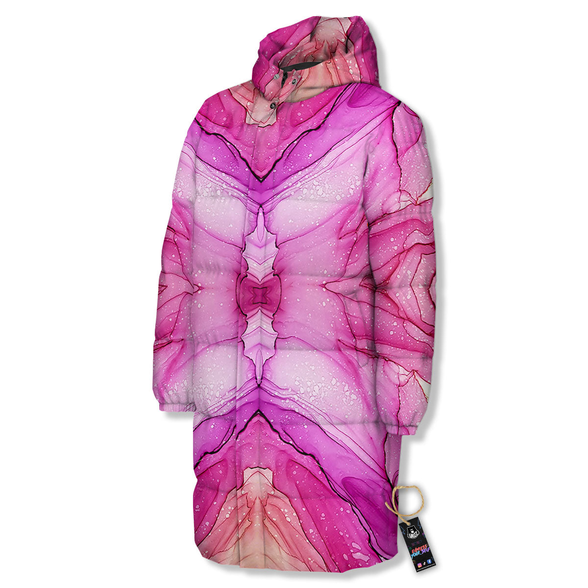 Pink Kaleidoscope Print Long Down Jacket-grizzshop
