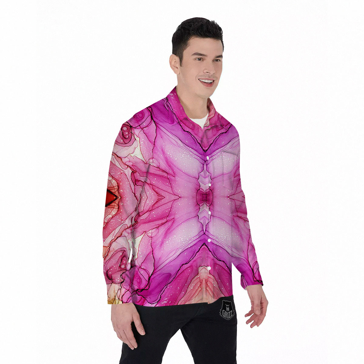 Pink Kaleidoscope Print Men's Long Sleeve Shirts-grizzshop