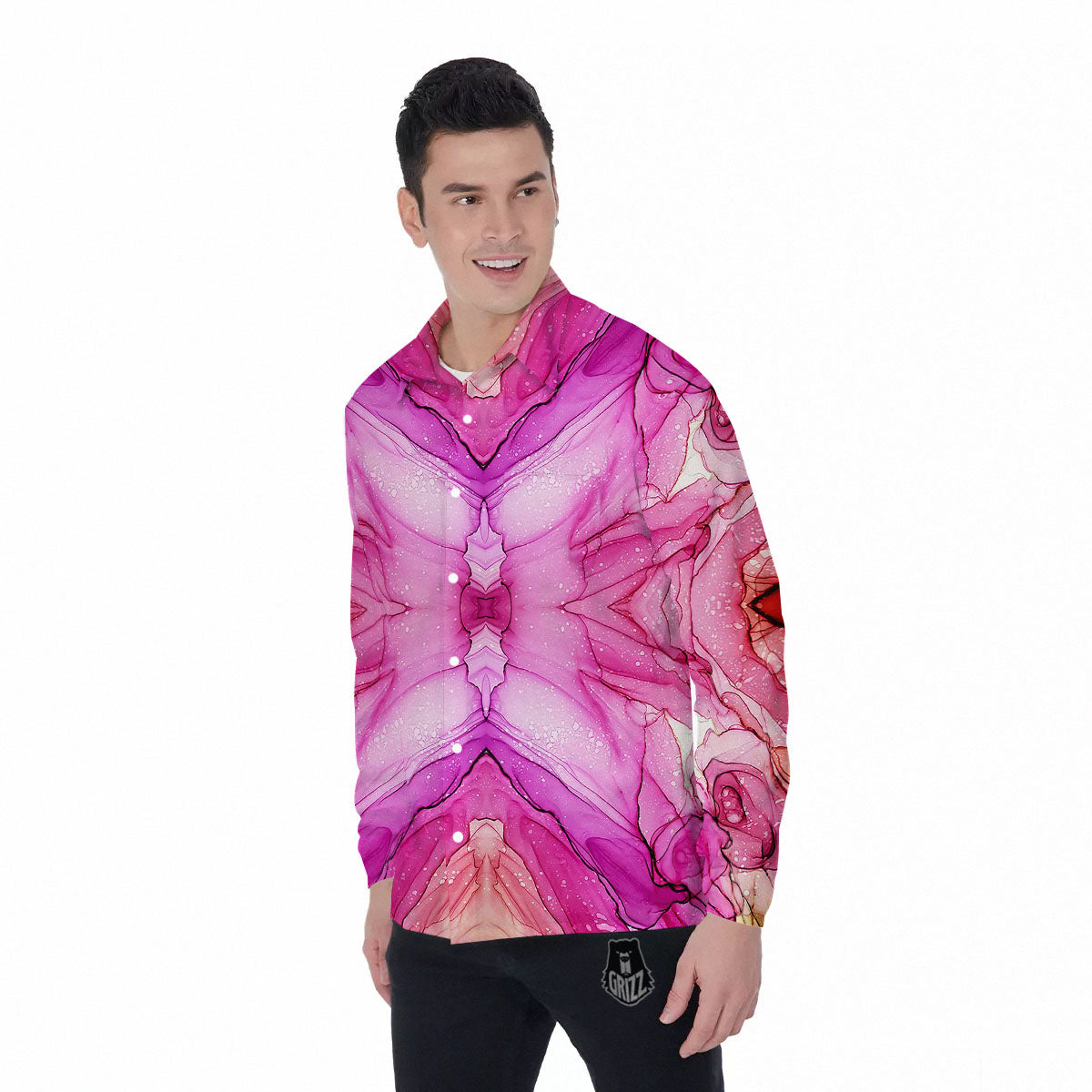 Pink Kaleidoscope Print Men's Long Sleeve Shirts-grizzshop