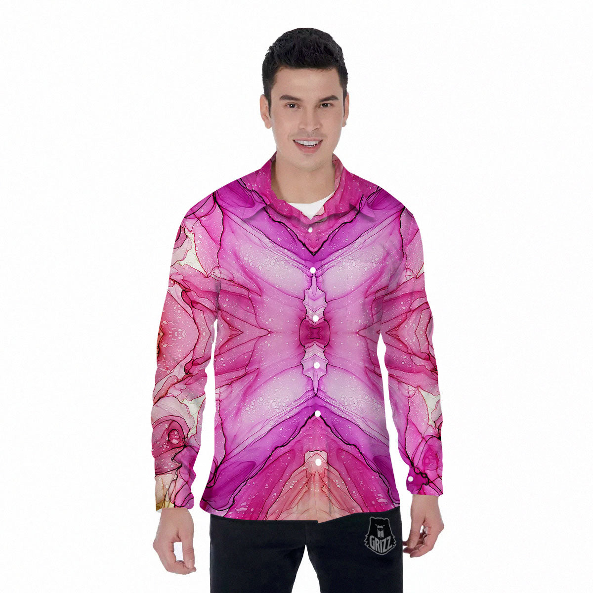 Pink Kaleidoscope Print Men's Long Sleeve Shirts-grizzshop