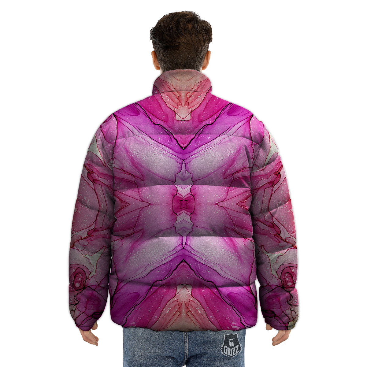 Pink Kaleidoscope Print Puffer Jacket-grizzshop