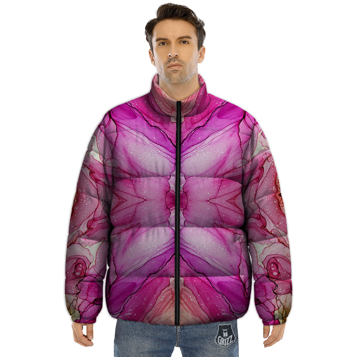 Pink Kaleidoscope Print Puffer Jacket-grizzshop