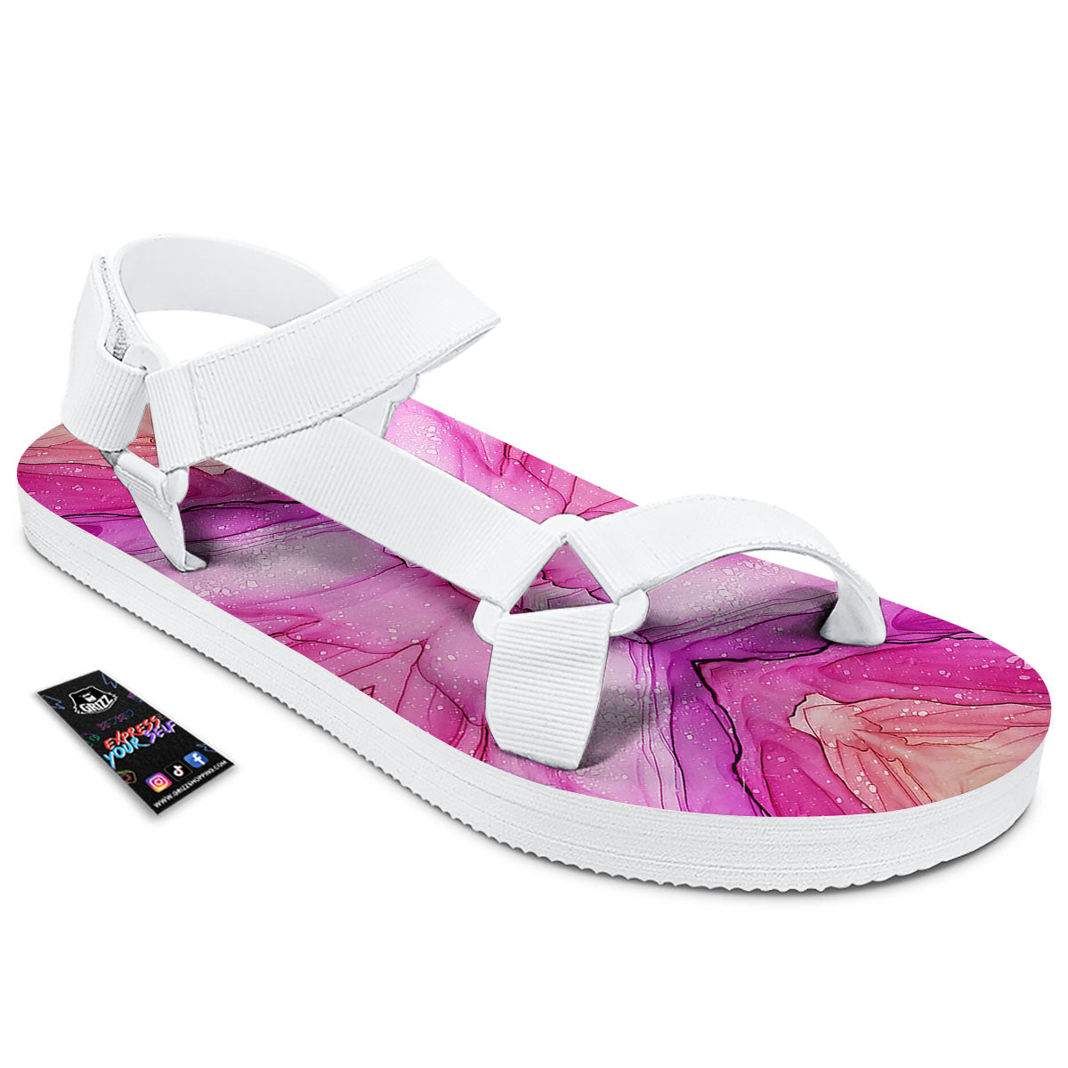 Pink Kaleidoscope Print White Open Toe Sandals-grizzshop
