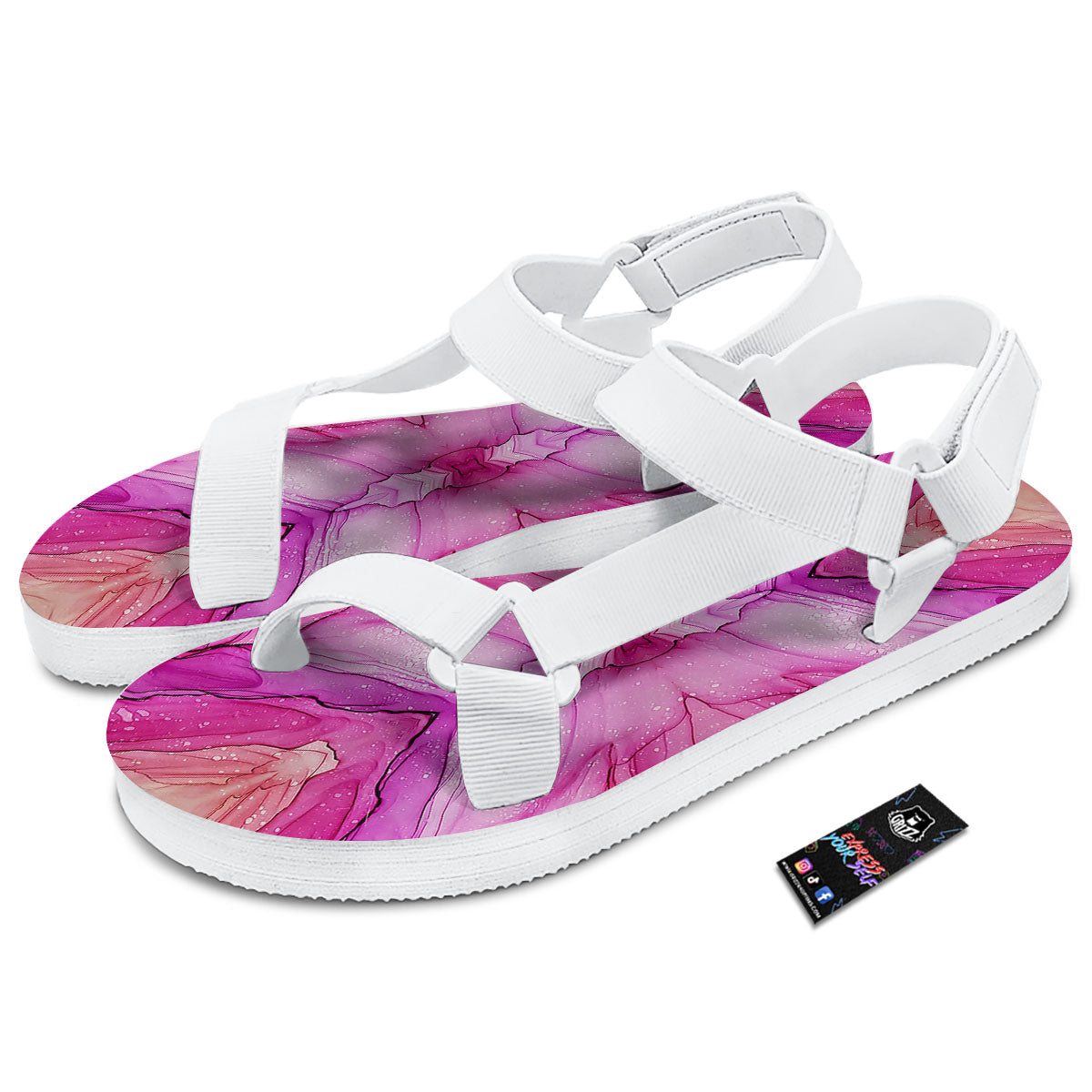 Pink Kaleidoscope Print White Open Toe Sandals-grizzshop