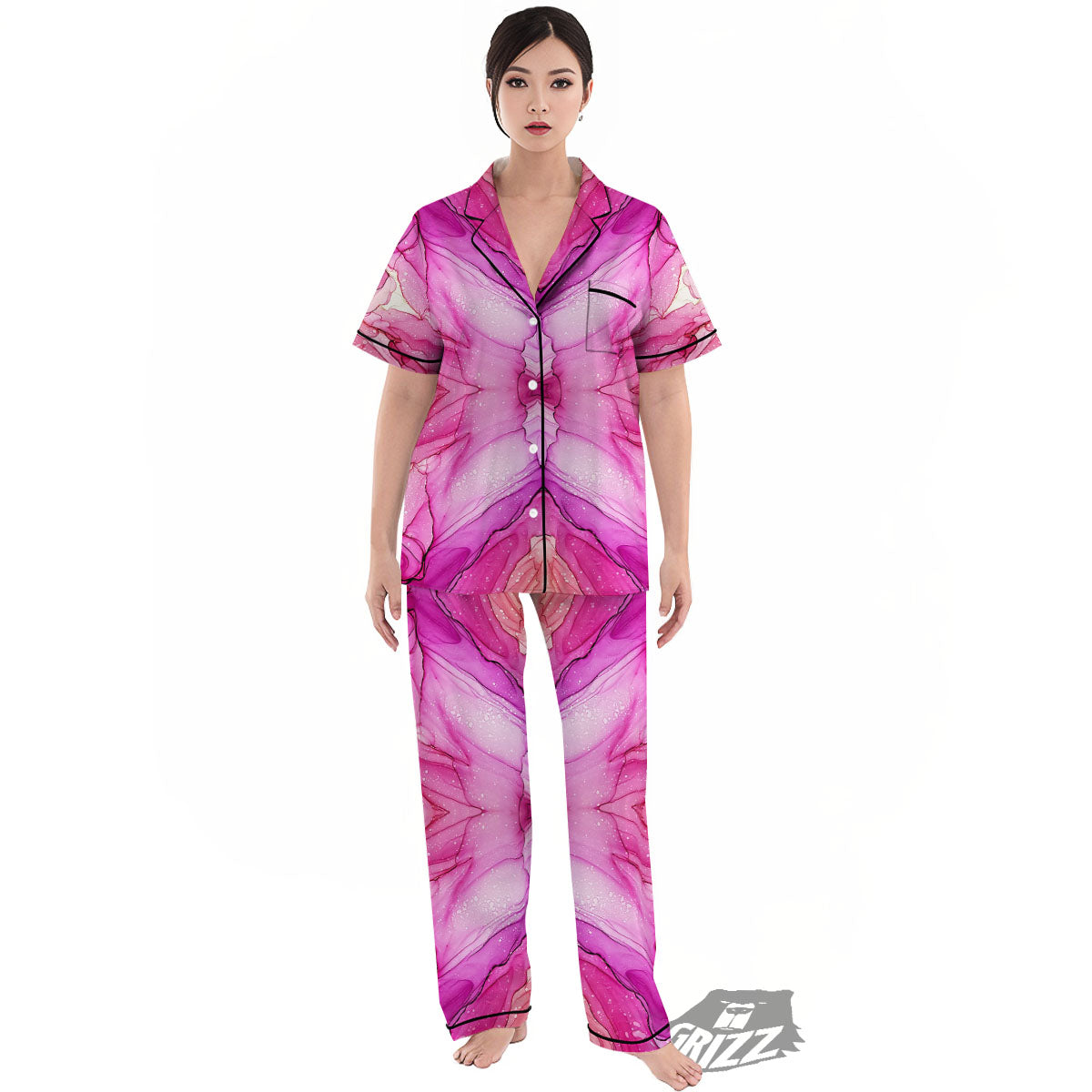 Pink Kaleidoscope Print Women's Pajamas Set-grizzshop