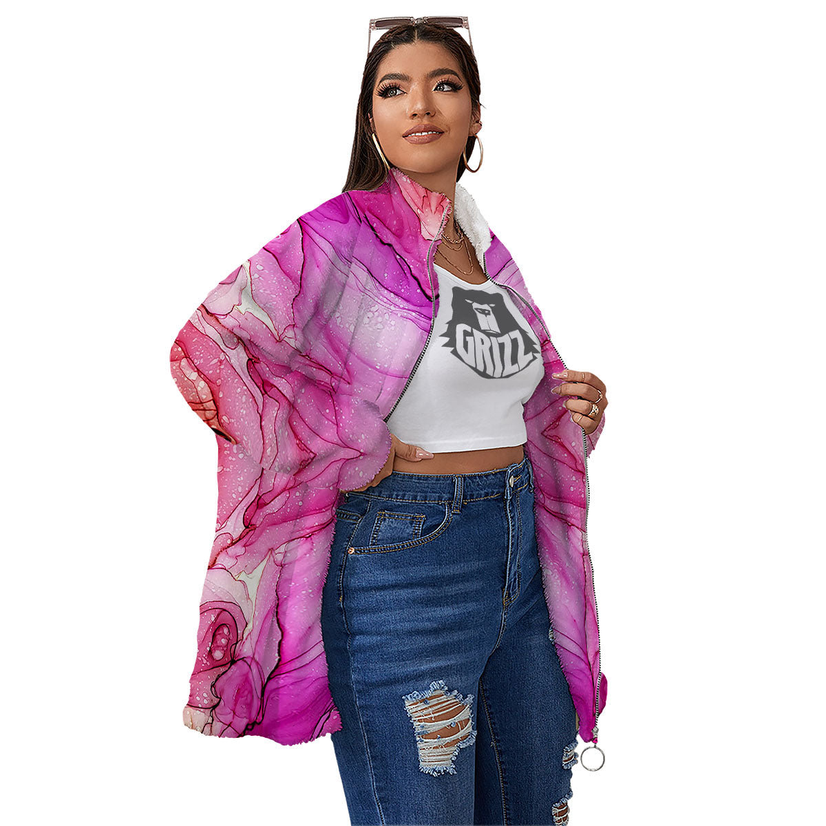Pink Kaleidoscope Print Women's Sherpa Jacket-grizzshop
