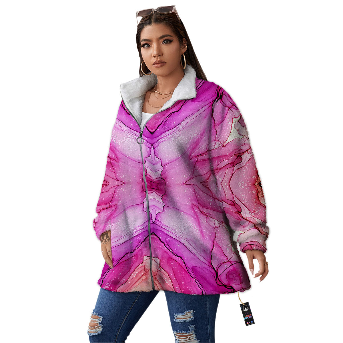 Pink Kaleidoscope Print Women's Sherpa Jacket-grizzshop
