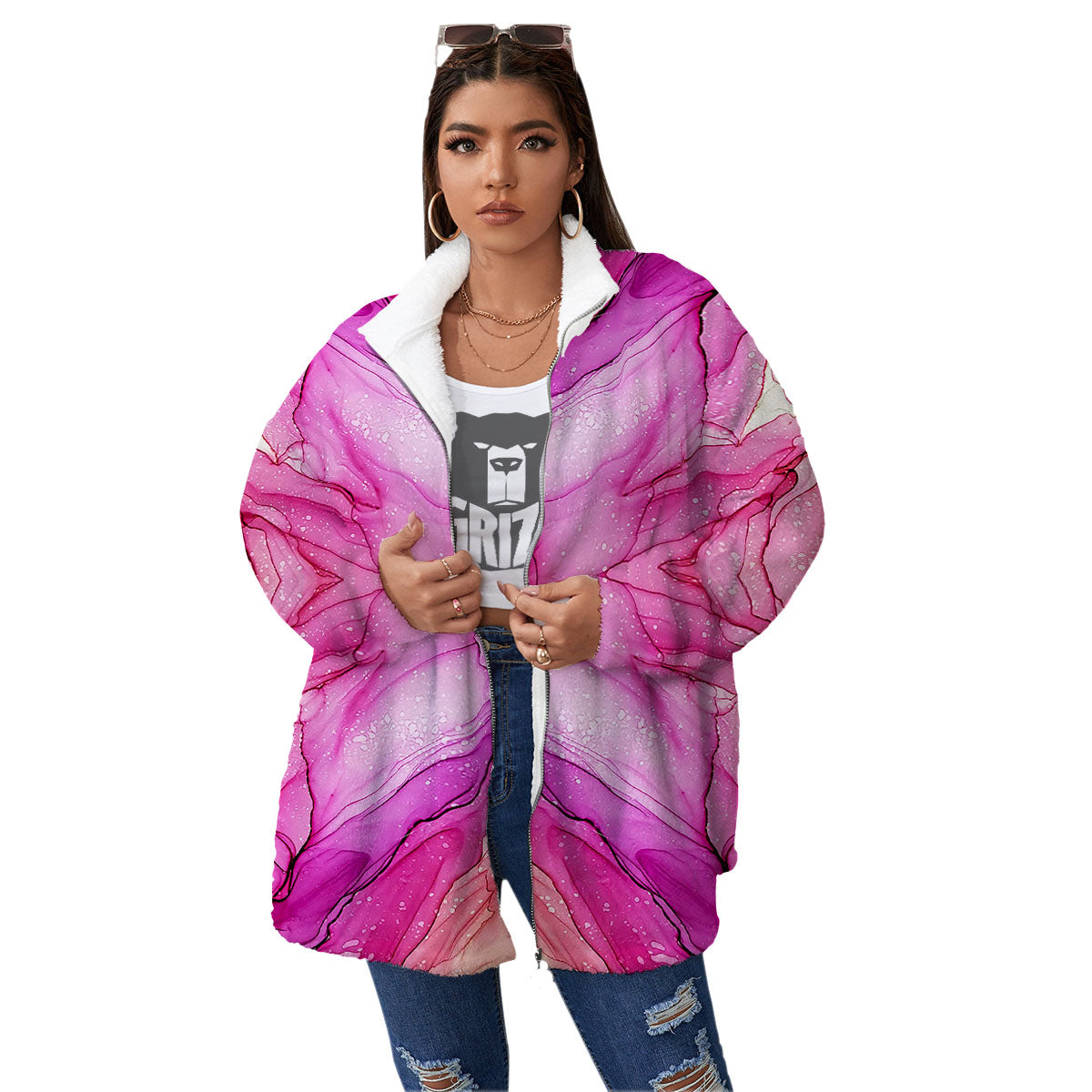 Pink Kaleidoscope Print Women's Sherpa Jacket-grizzshop