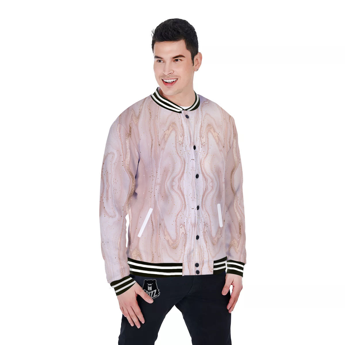 Pink Marble Print Pattern Baseball Jacket-grizzshop