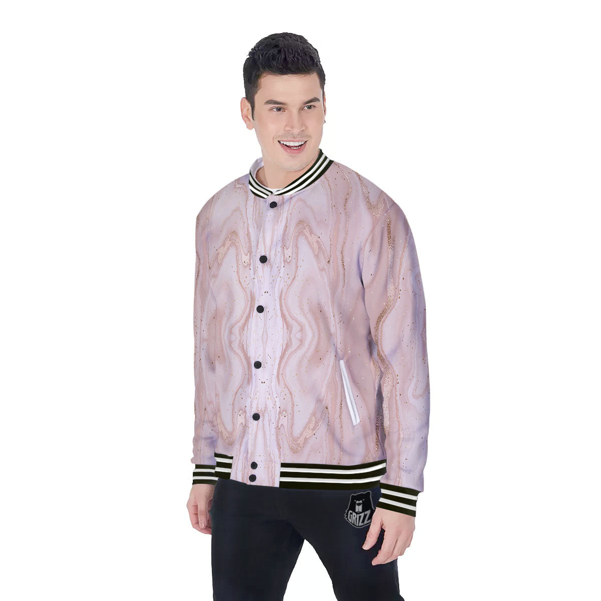Pink Marble Print Pattern Baseball Jacket-grizzshop