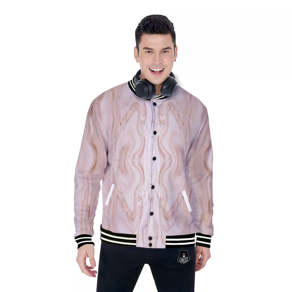Pink Marble Print Pattern Baseball Jacket-grizzshop