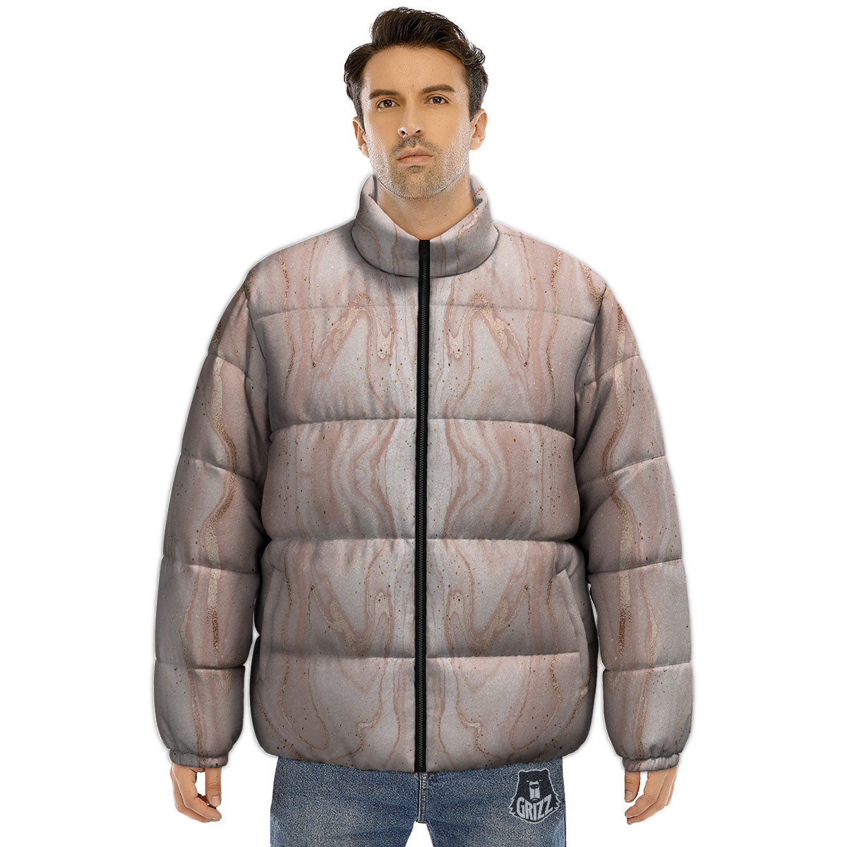 Pink Marble Print Pattern Puffer Jacket-grizzshop