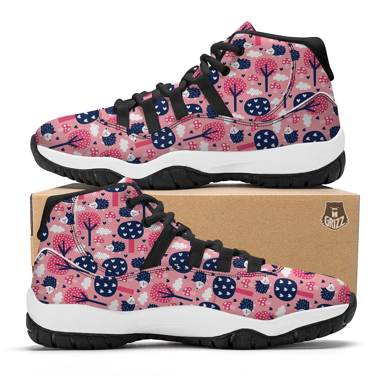 Pink Mushroom Three Hedgehogs Black Bball Shoes-grizzshop