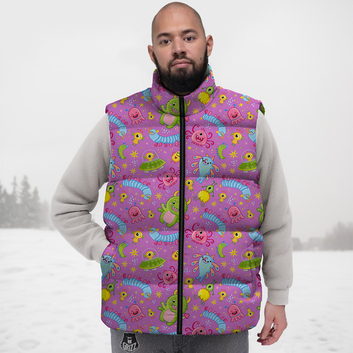 Pink Mushroom Three Hedgehogs Down Vest