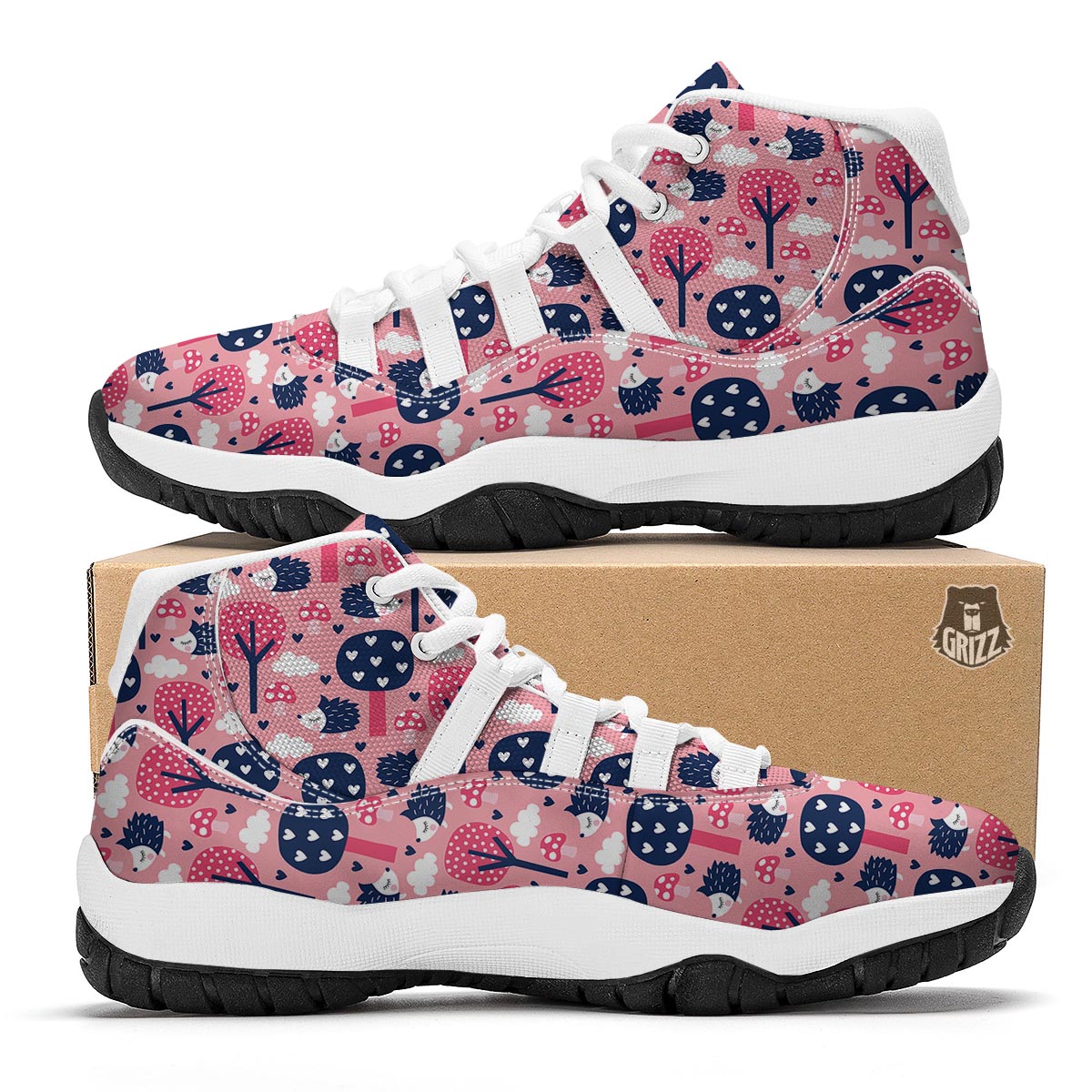 Pink Mushroom Three Hedgehogs White Bball Shoes-grizzshop