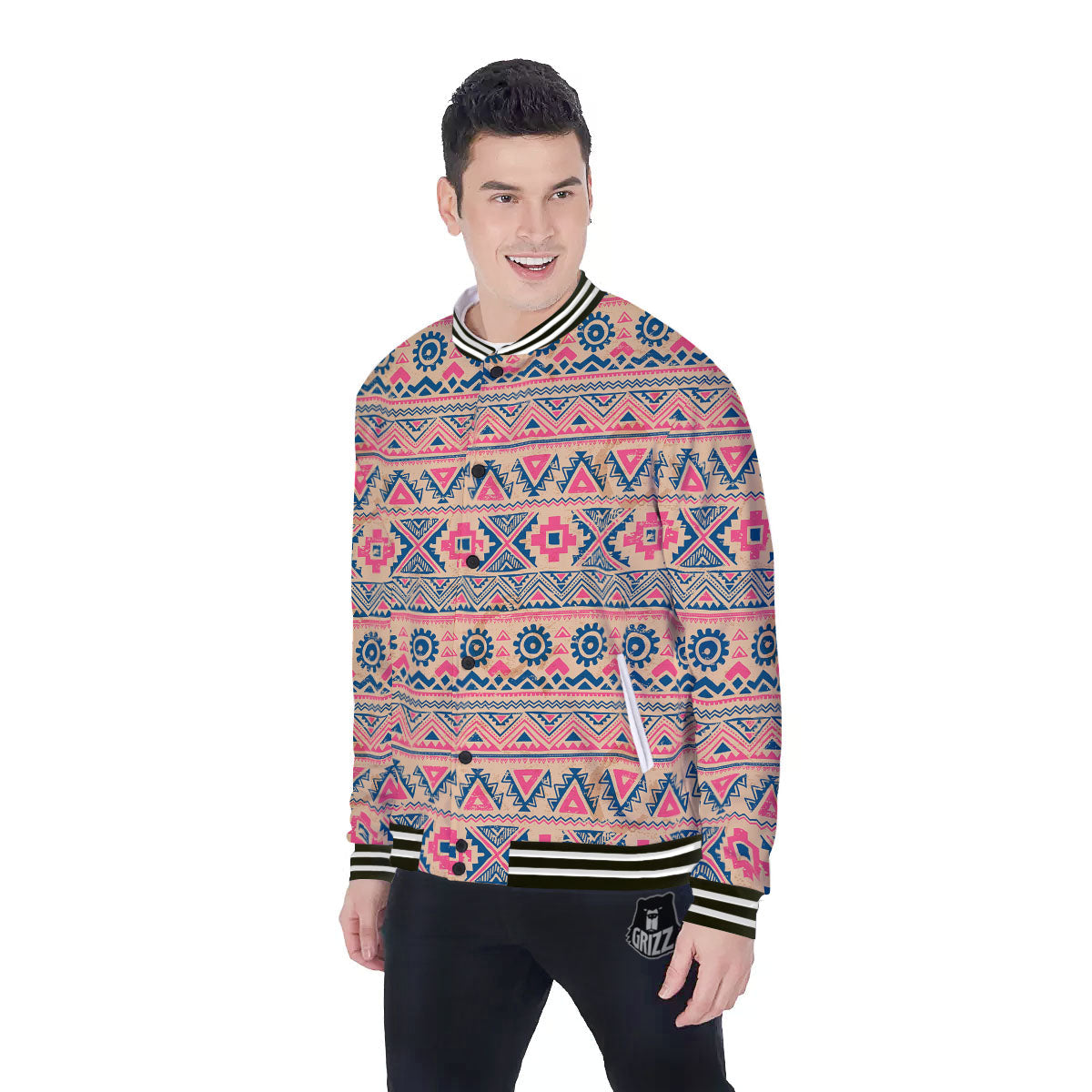 Pink Native Tribal Print Pattern Baseball Jacket-grizzshop