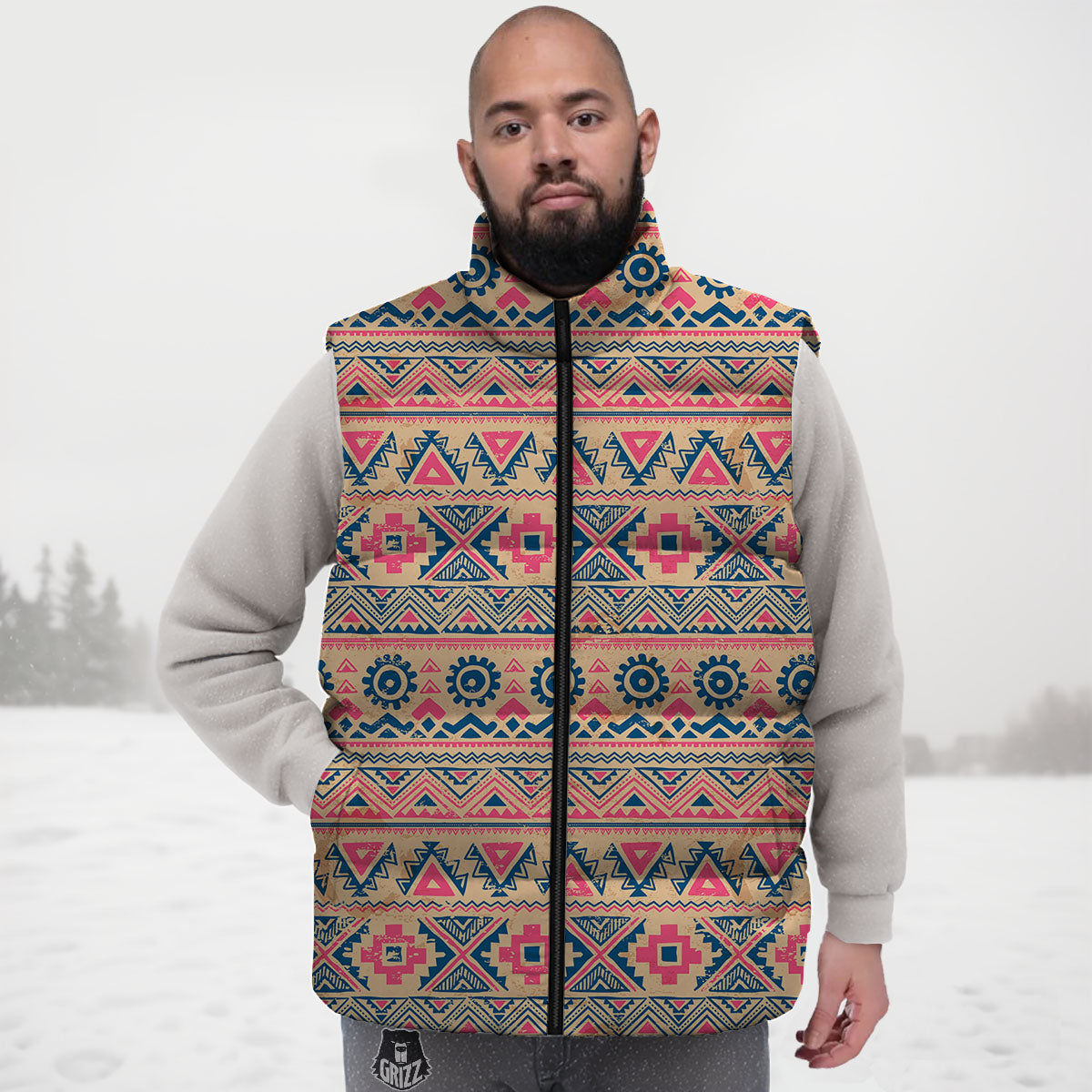 Pink Native Tribal Print Pattern Down Vest