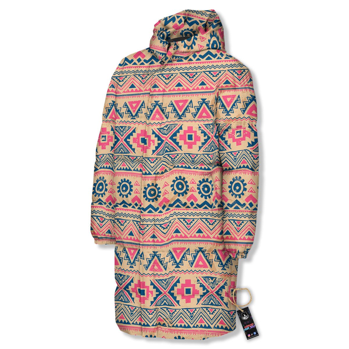Pink Native Tribal Print Pattern Long Down Jacket-grizzshop