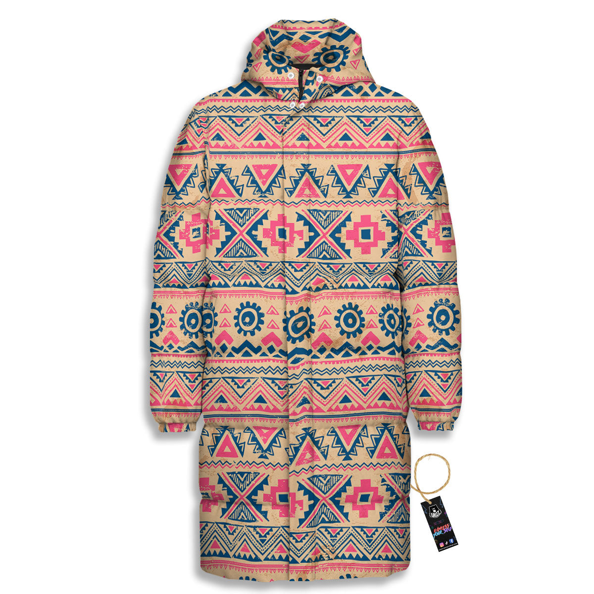 Pink Native Tribal Print Pattern Long Down Jacket-grizzshop