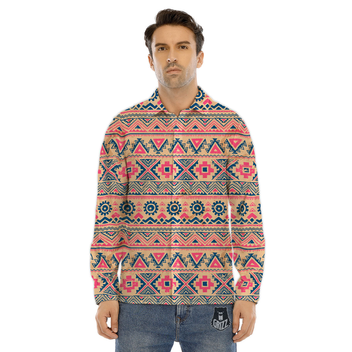 Pink Native Tribal Print Pattern Men's Dress Shirts-grizzshop