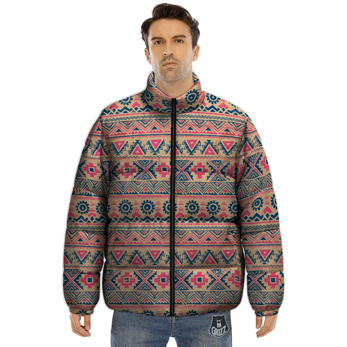 Pink Native Tribal Print Pattern Puffer Jacket-grizzshop