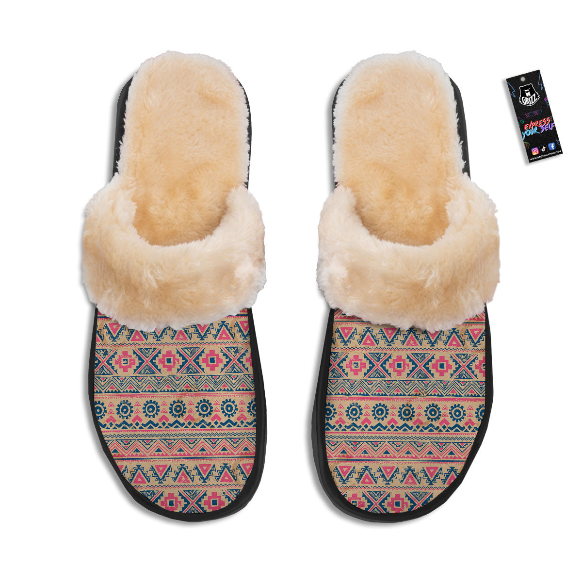 Pink Native Tribal Print Pattern Slippers-grizzshop