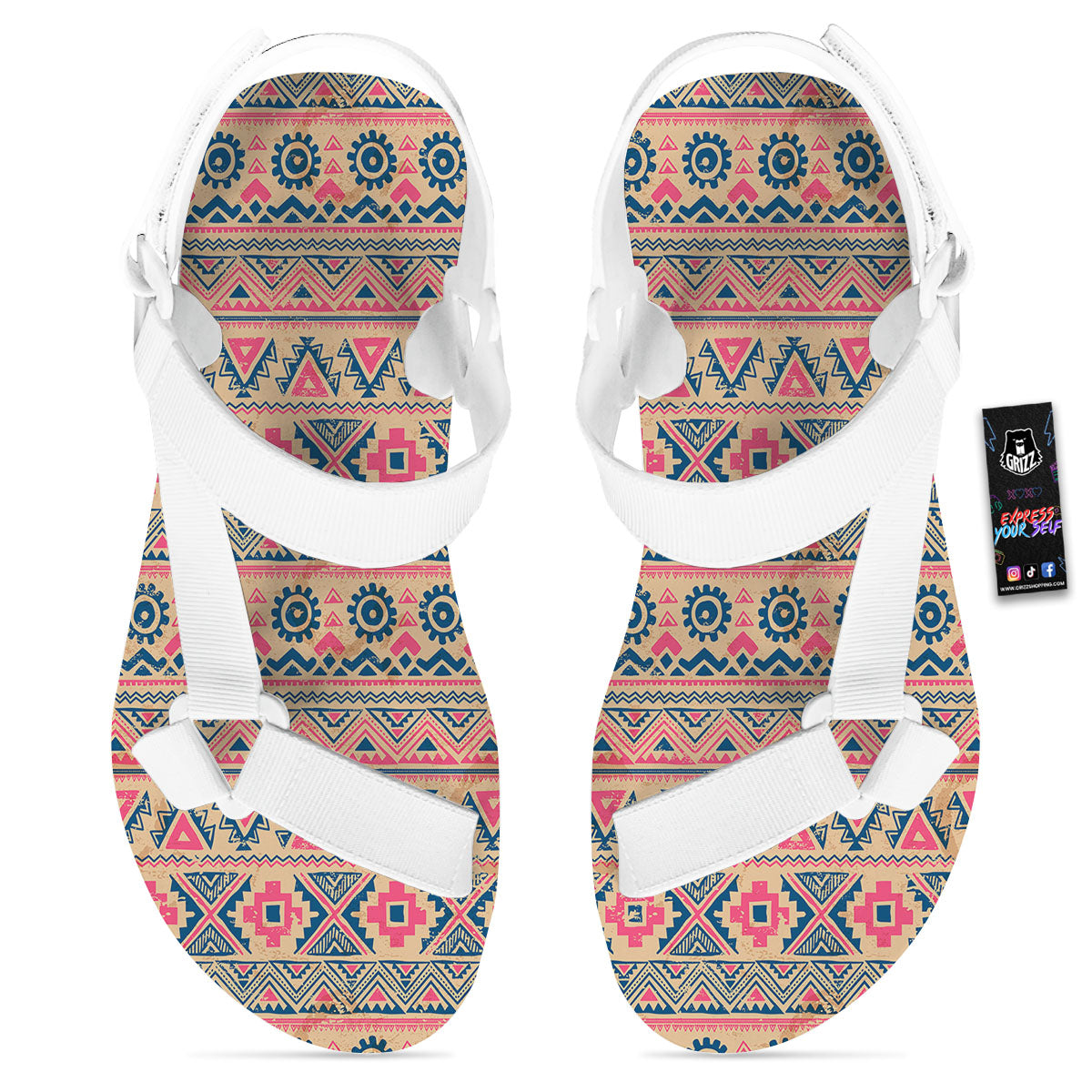 Pink Native Tribal Print Pattern White Open Toe Sandals-grizzshop