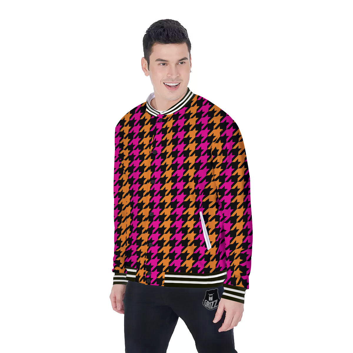 Pink Orange And Black Houndstooth Print Baseball Jacket-grizzshop
