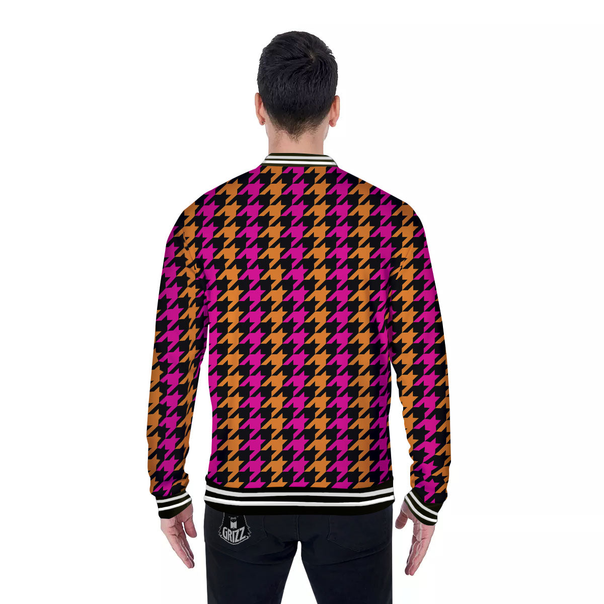 Pink Orange And Black Houndstooth Print Baseball Jacket-grizzshop