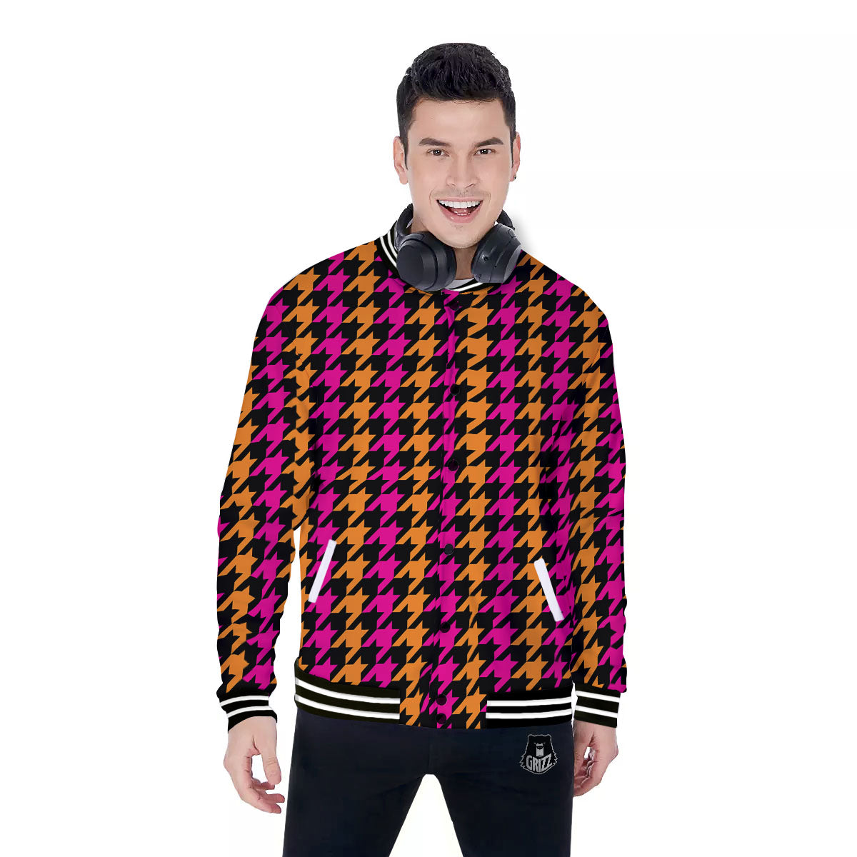 Pink Orange And Black Houndstooth Print Baseball Jacket-grizzshop