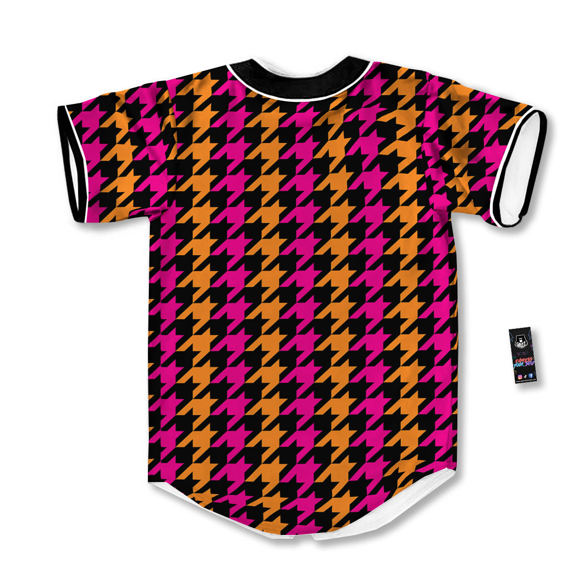 Pink Orange And Black Houndstooth Print Baseball Jersey-grizzshop