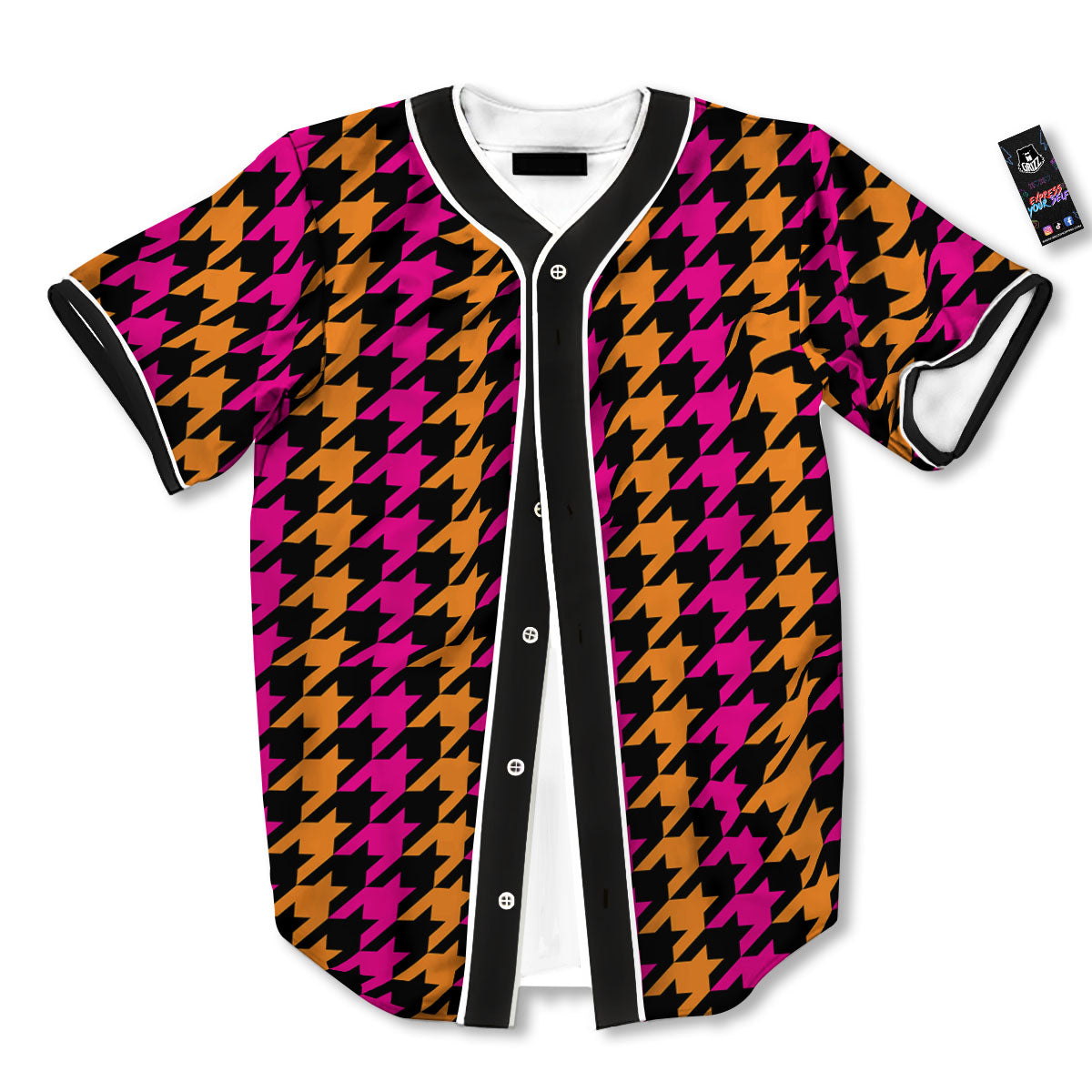 Pink Orange And Black Houndstooth Print Baseball Jersey-grizzshop