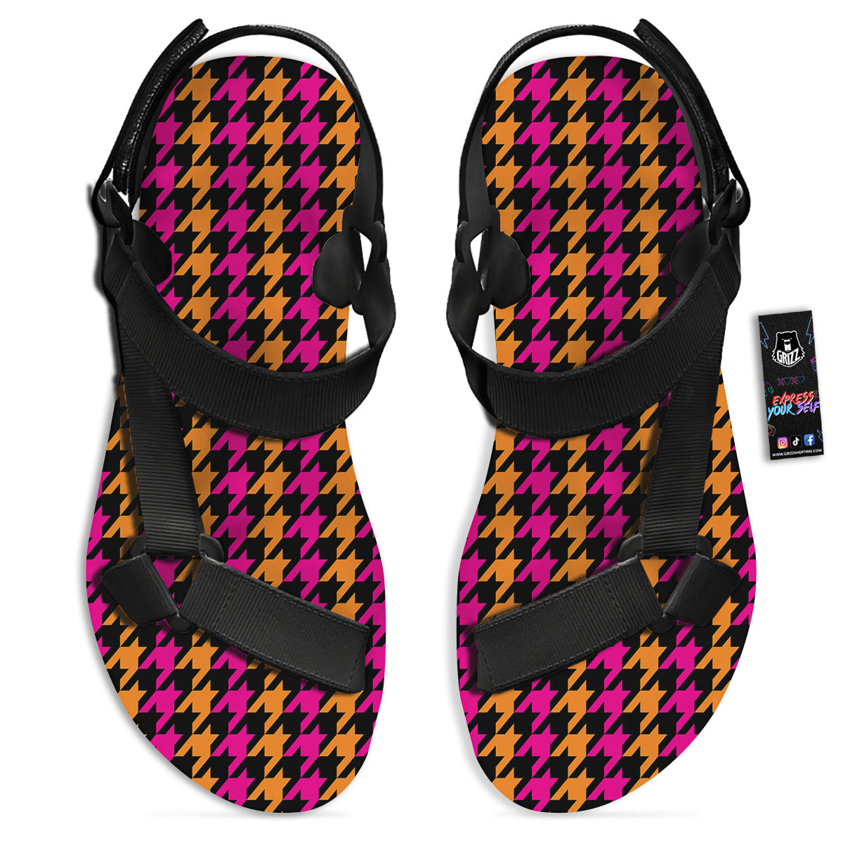 Pink Orange And Black Houndstooth Print Black Open Toe Sandals-grizzshop