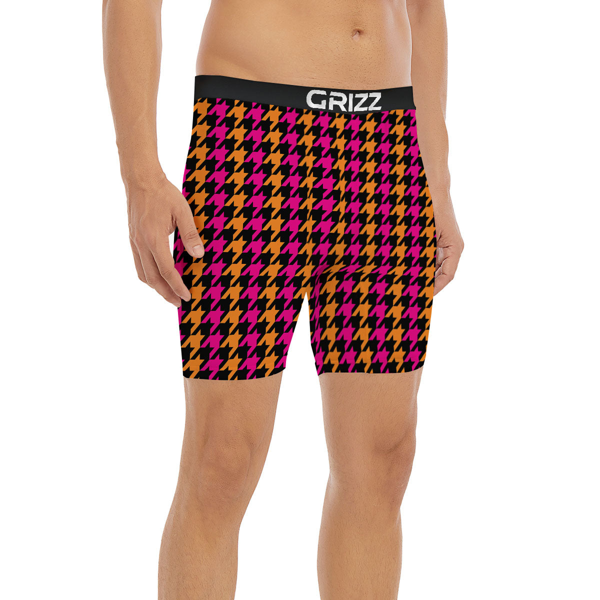 Pink Orange And Black Houndstooth Print Boxer Briefs-grizzshop