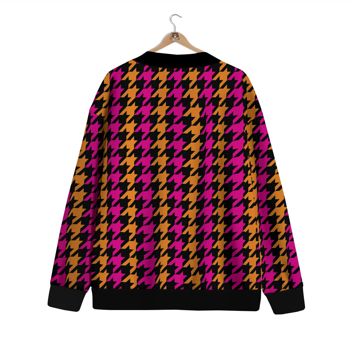 Pink Orange And Black Houndstooth Print Cardigan-grizzshop
