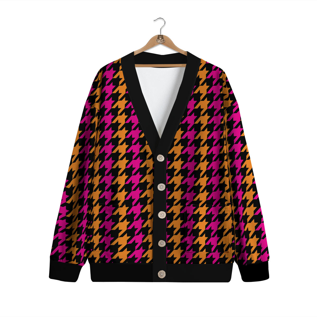 Pink Orange And Black Houndstooth Print Cardigan-grizzshop