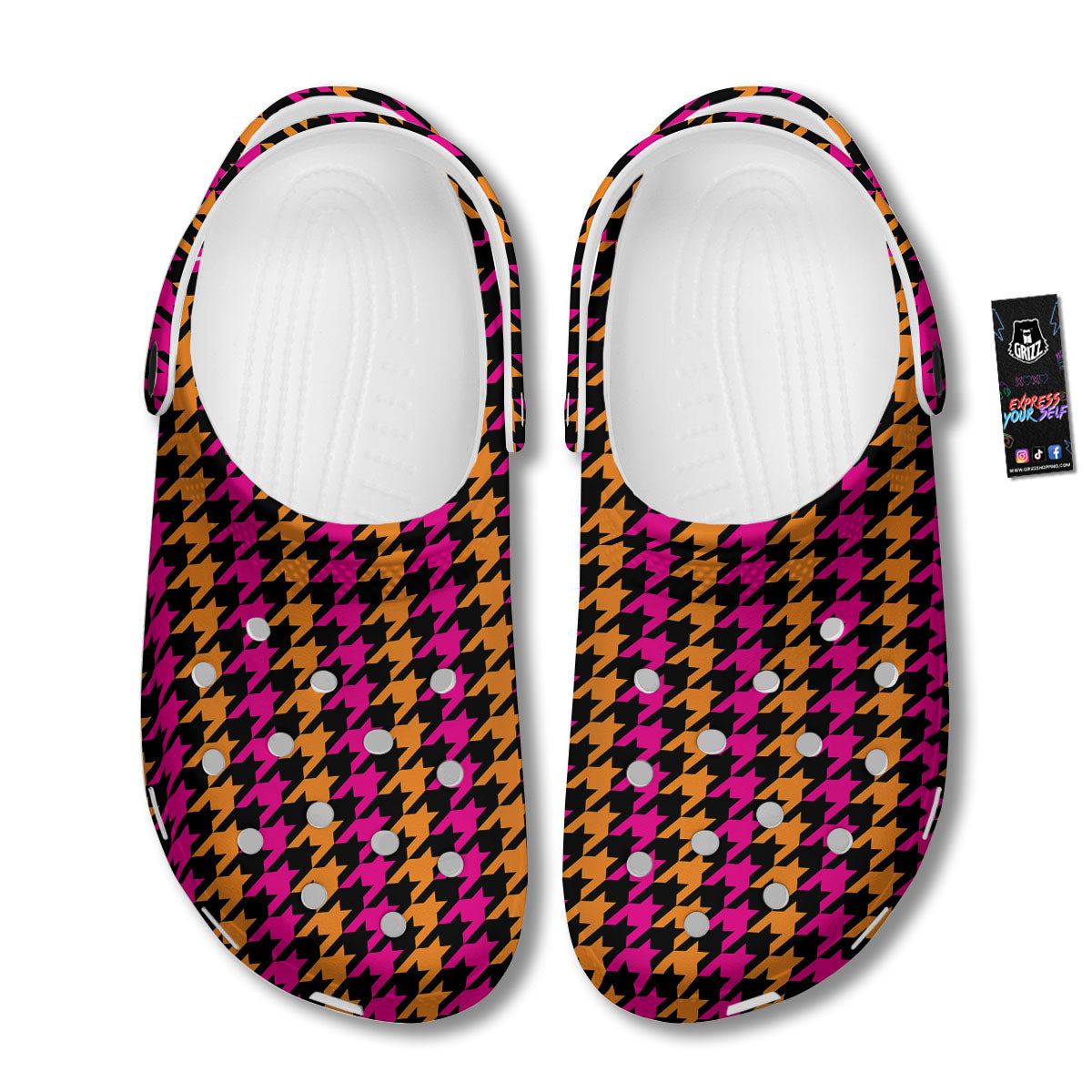 Pink Orange And Black Houndstooth Print Clog-grizzshop