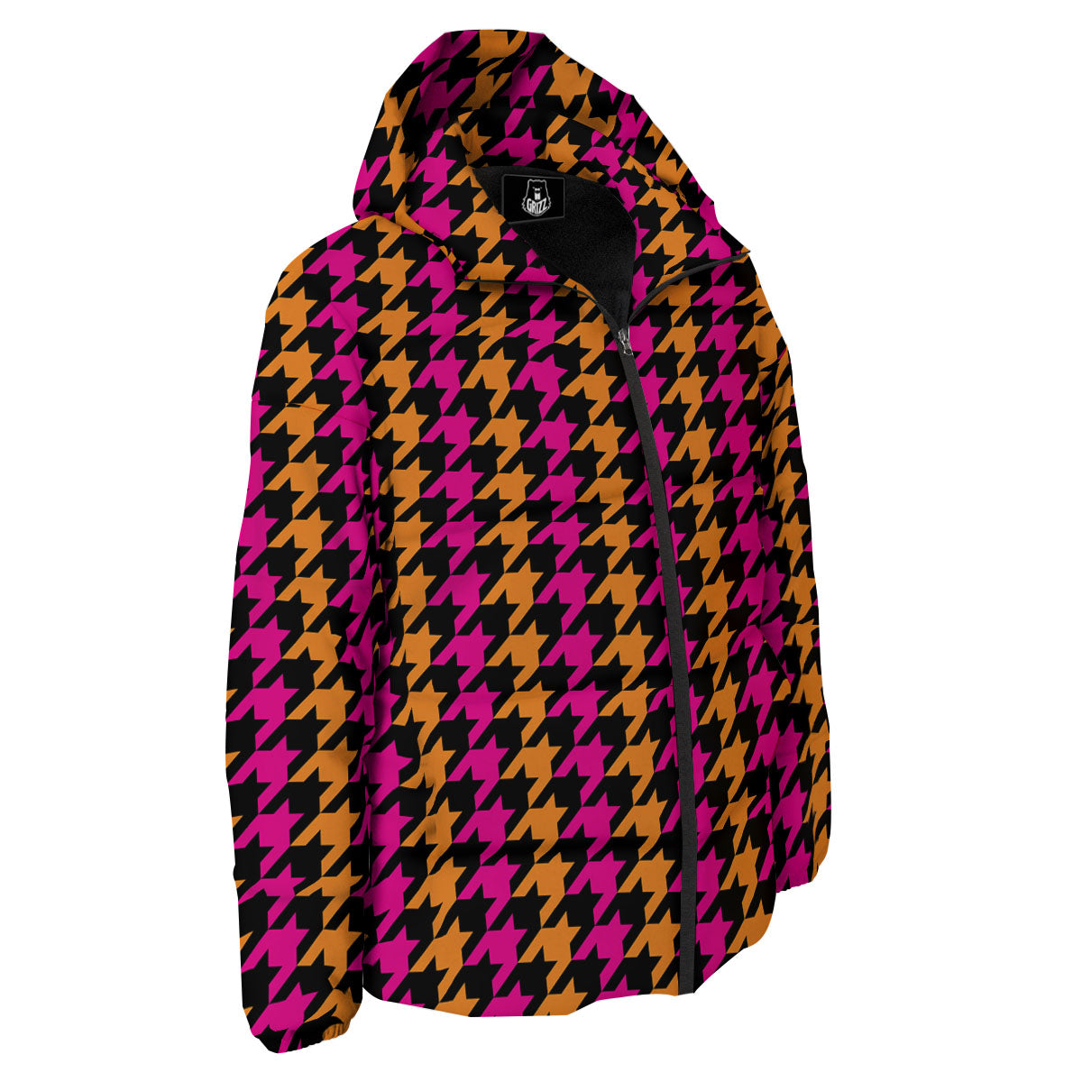 Pink Orange And Black Houndstooth Print Down Jacket-grizzshop