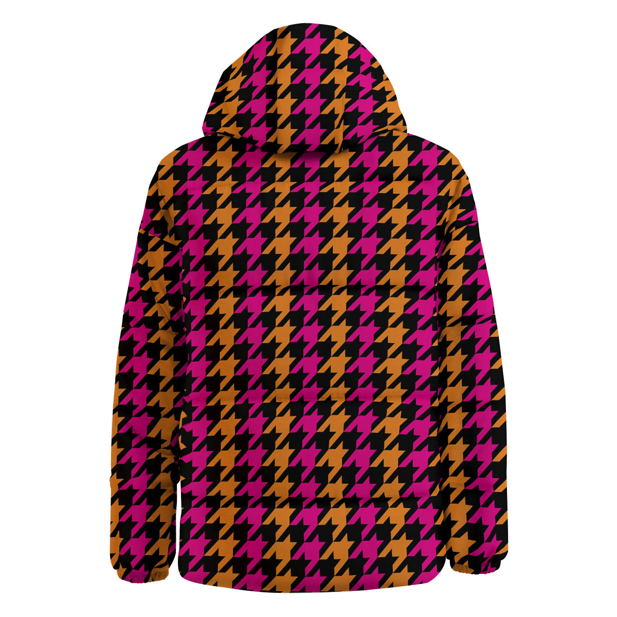 Pink Orange And Black Houndstooth Print Down Jacket-grizzshop