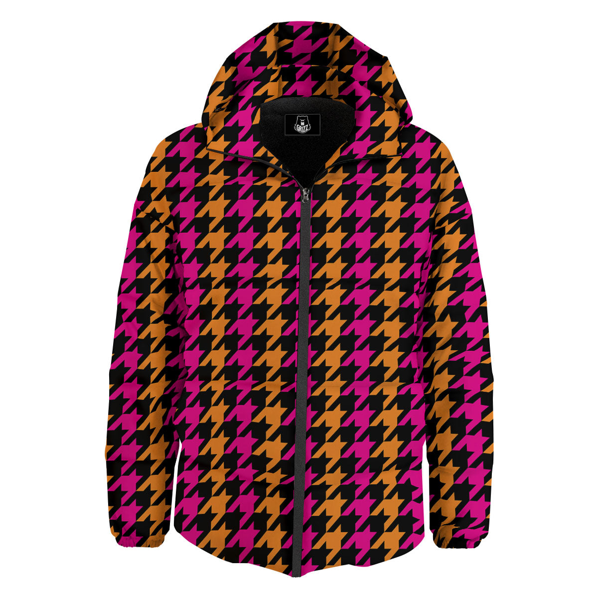 Pink Orange And Black Houndstooth Print Down Jacket-grizzshop