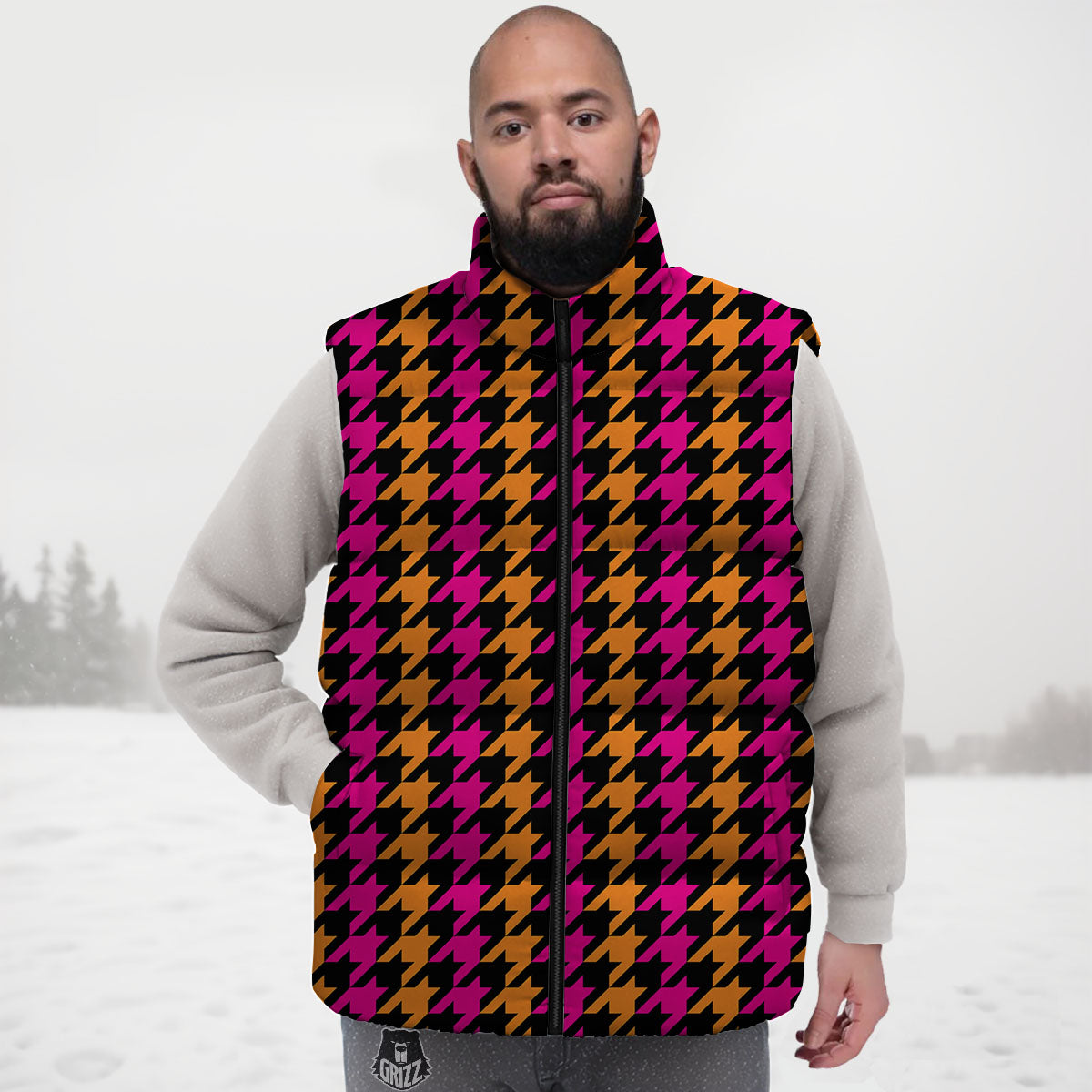Pink Orange And Black Houndstooth Print Down Vest