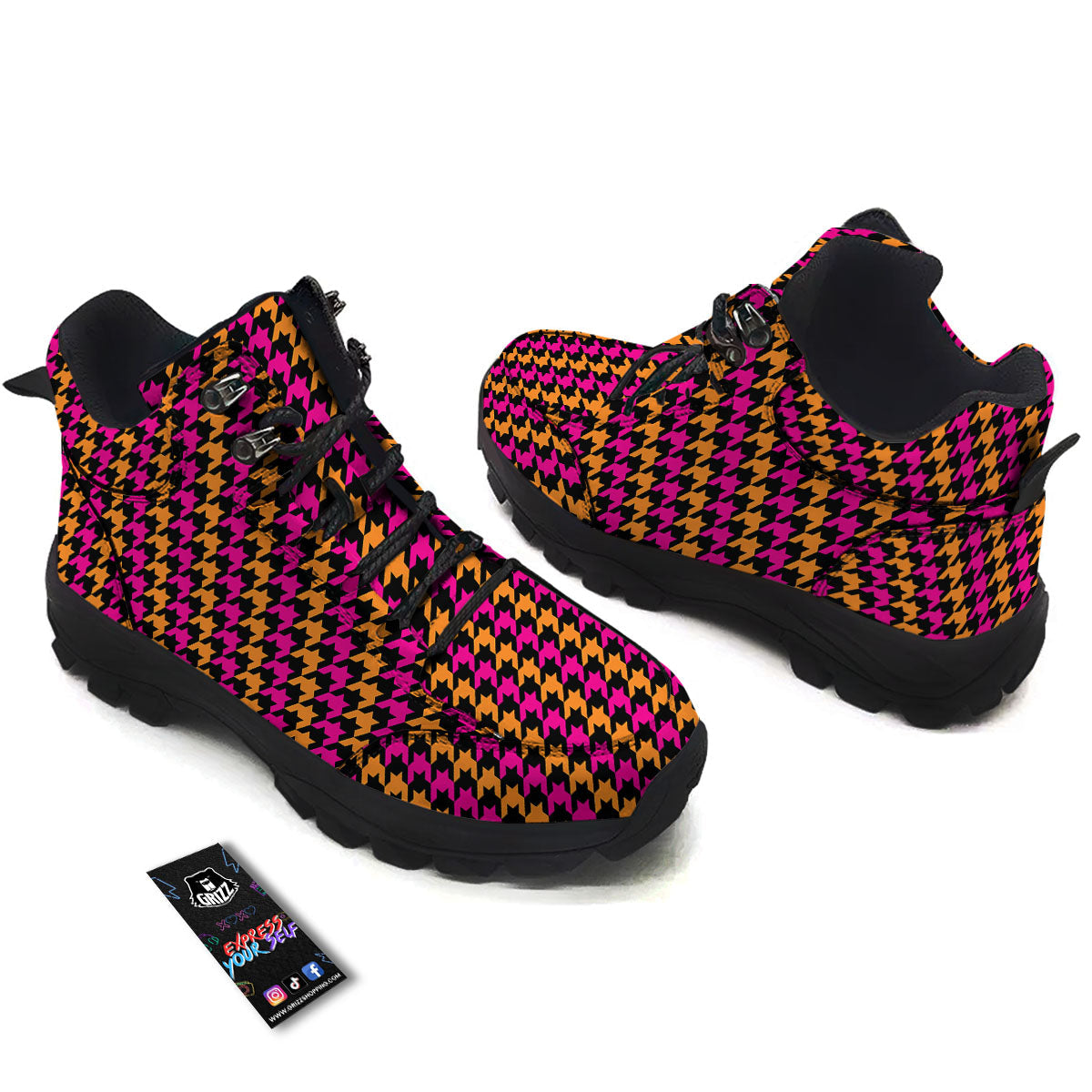 Pink Orange And Black Houndstooth Print Hiking Shoes-grizzshop