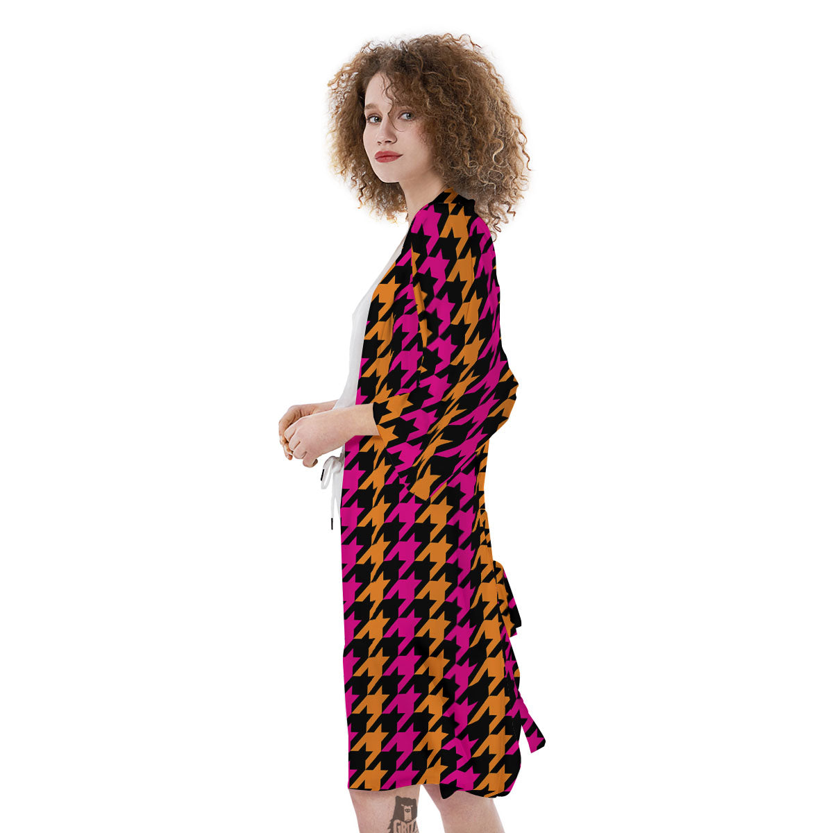 Pink Orange And Black Houndstooth Print Kimono-grizzshop