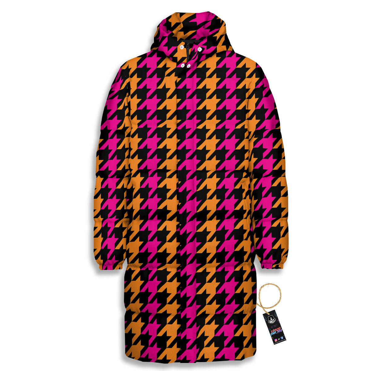 Pink Orange And Black Houndstooth Print Long Down Jacket-grizzshop