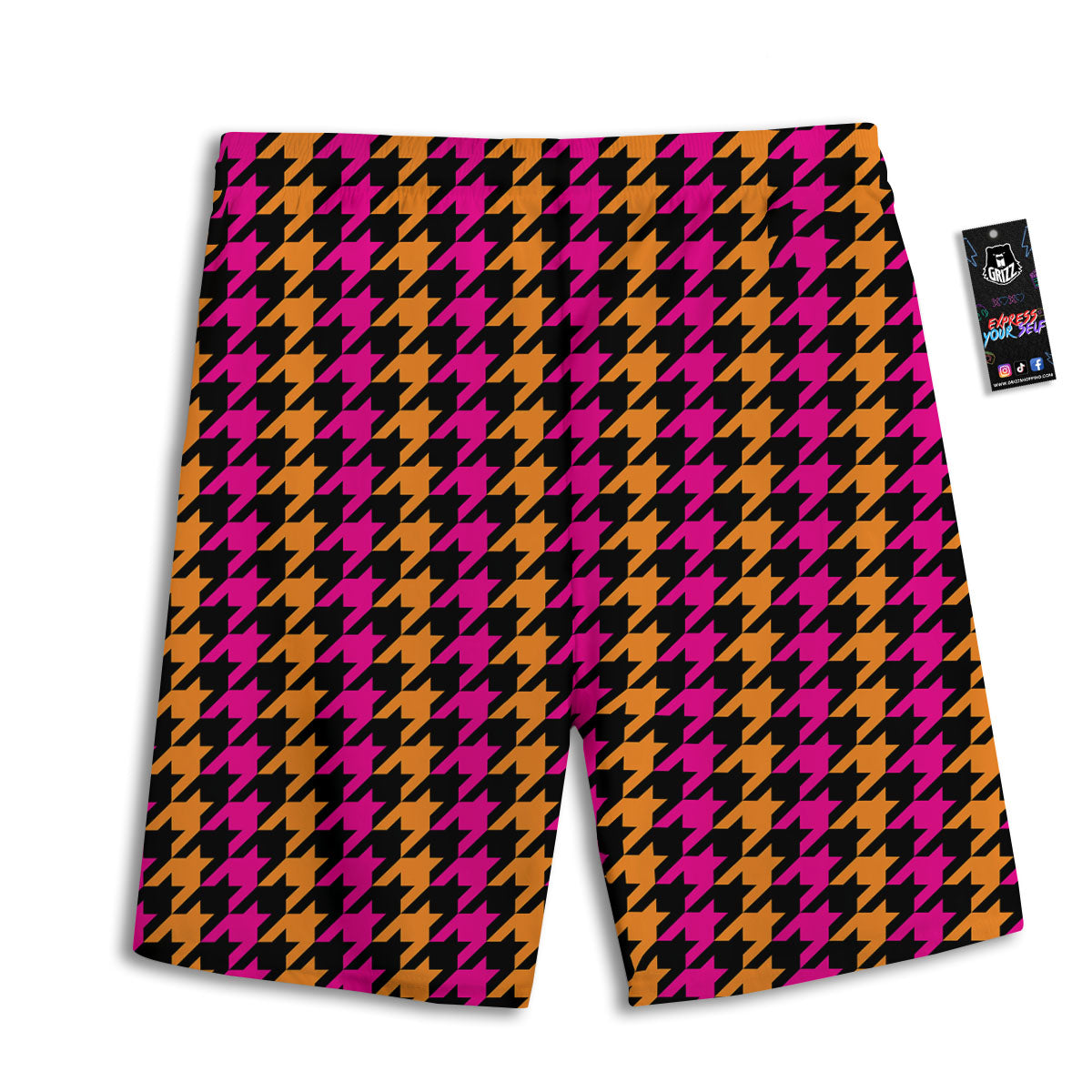 Pink Orange And Black Houndstooth Print Men's Athletic Shorts