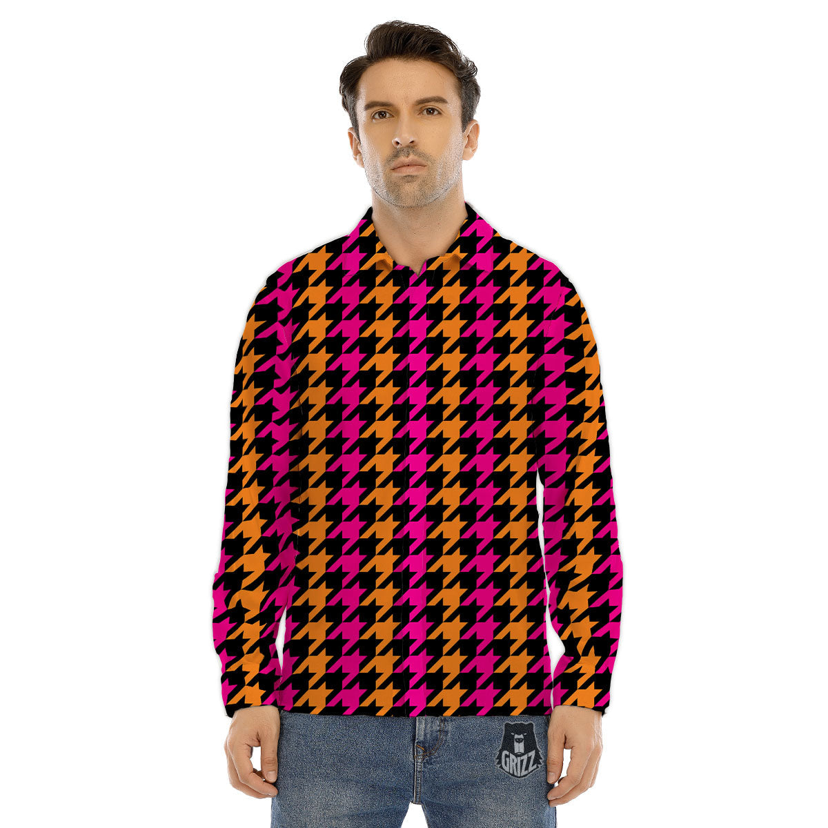 Pink Orange And Black Houndstooth Print Men's Dress Shirts-grizzshop