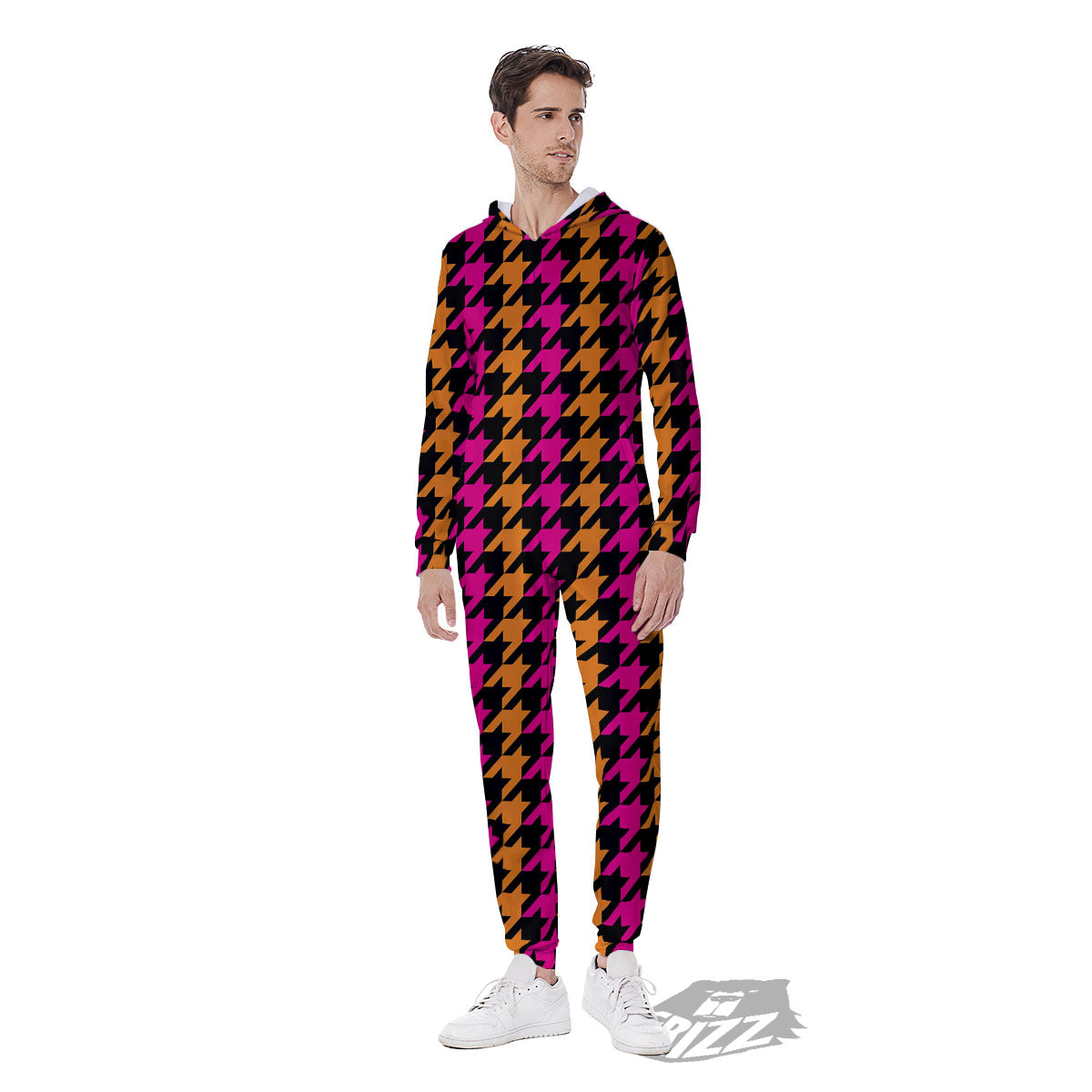Pink Orange And Black Houndstooth Print Men's Jumpsuit-grizzshop