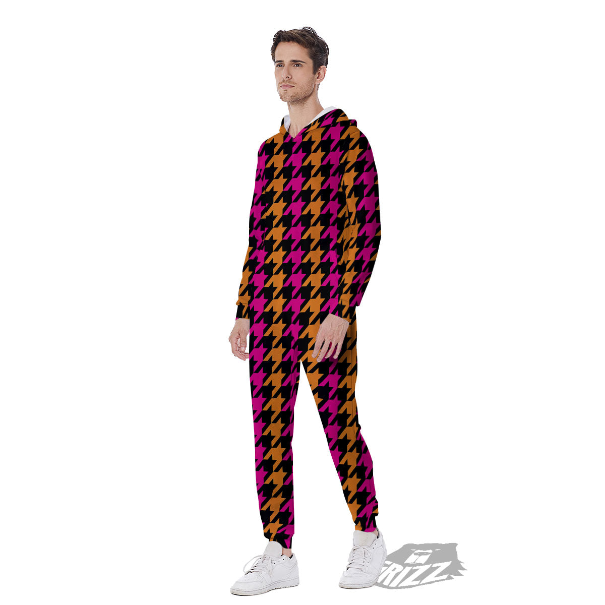 Pink Orange And Black Houndstooth Print Men's Jumpsuit-grizzshop